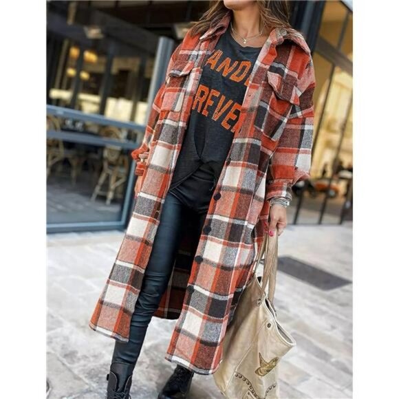 Red Plaid Print Oversized Button Down Long Midi Trench Flannel Jacket Coat - Picture 5 of 7